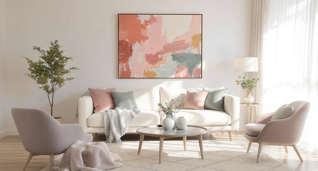 How to design a cozy female living room with a defining artifact as a focal point, featuring empowering home decor, soft colors, and rental-friendly ideas for small spaces. Editorial apartment living room inspiration for women choosing the best colors for feminine living spaces.