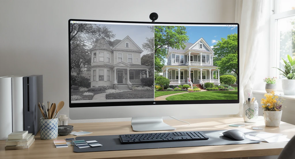 Computer screen shows a before-and-after visualization of a Victorian home's curb appeal with new period-appropriate paint, restored porch trims, and vintage landscaping.