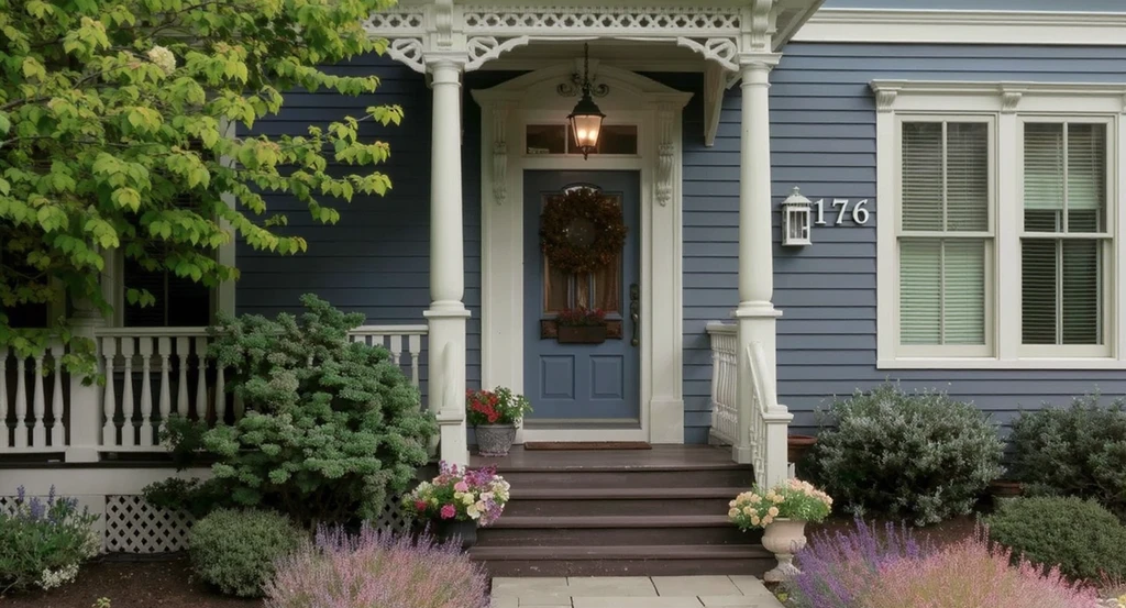 Restored Victorian home entry with original porch railings, period-appropriate paint colors, decorative trims, lush landscaping, and updated lighting—showing how to enhance Victorian home curb appeal and add character without losing charm.