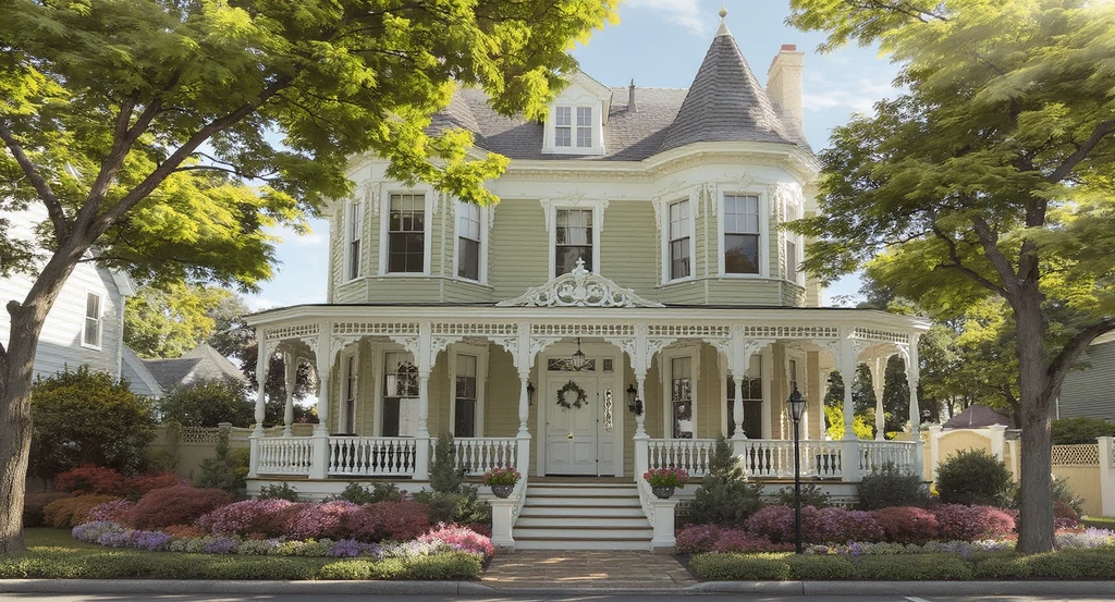 Freshly restored Victorian home exterior with period-appropriate paint, original porch railings, and lush landscaping, showing how to enhance Victorian home curb appeal and add character without losing charm.