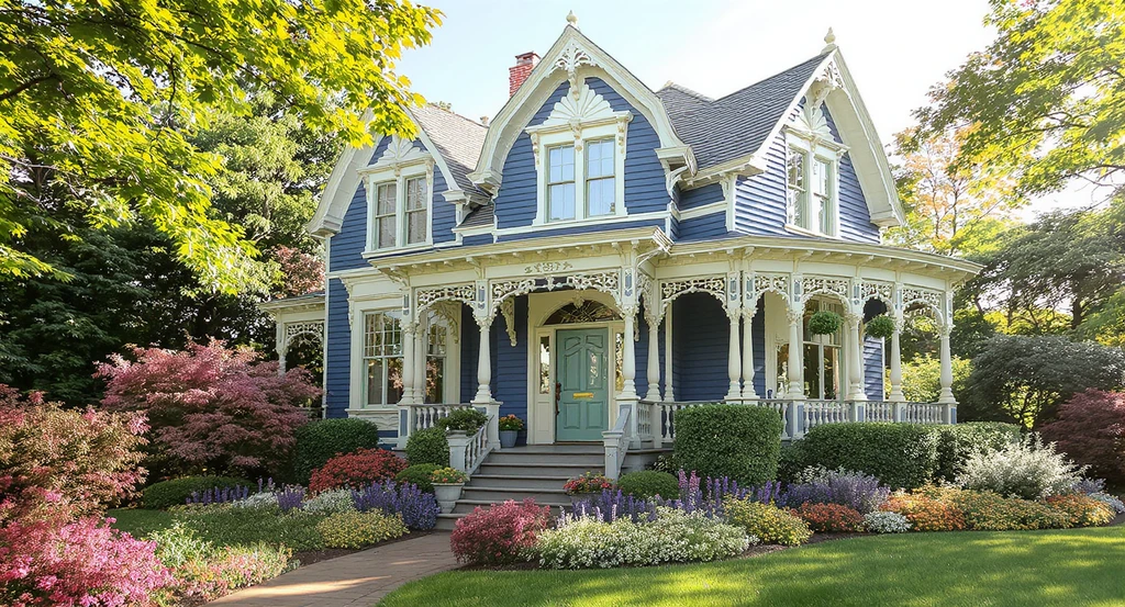 Restored Victorian home with deep blue siding, sage green and yellow trim, lush layered landscaping, and period porch railings showing how to enhance Victorian home curb appeal with period-appropriate exterior paint colors and the best landscaping ideas for vintage homes.