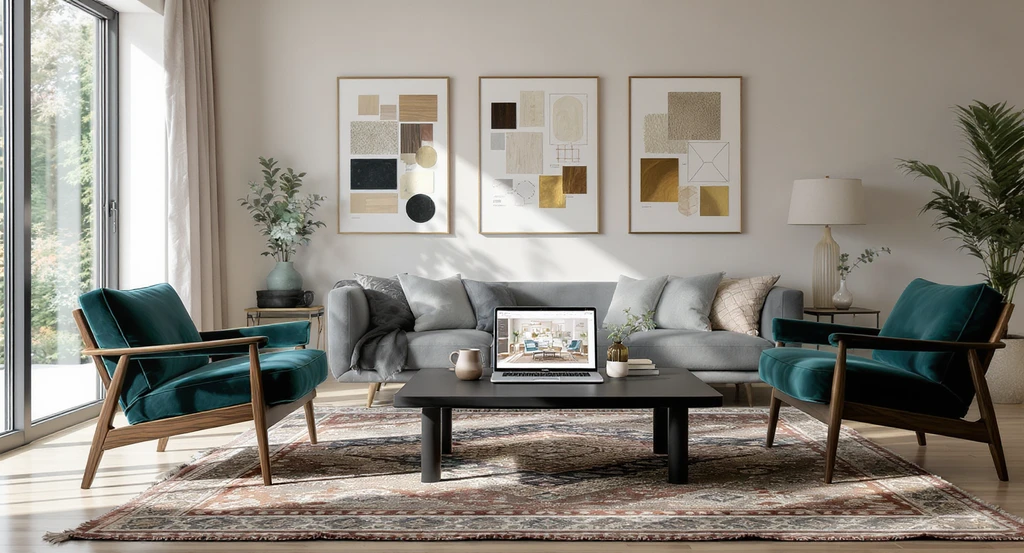Photorealistic living room with blended interior design styles, mood board prints, and an open laptop running a virtual ai home design visualization tool for ai interior design style quiz and how to identify my decor style with ai concepts.