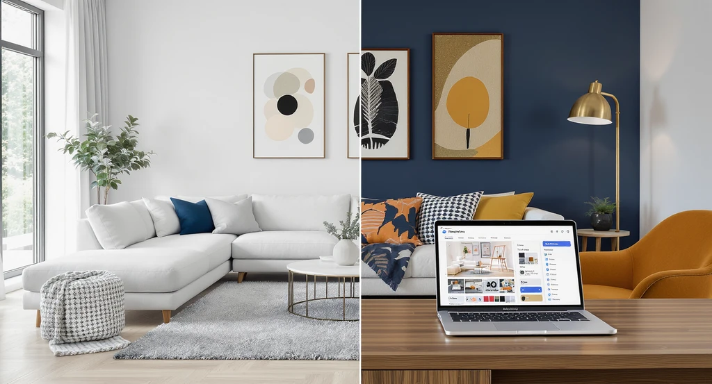 A living room digitally split to show two decor styles previewed by a virtual ai home design visualization tool, demonstrating how to identify my decor style with ai and using an ai interior design style quiz to combine interior design styles in real time.