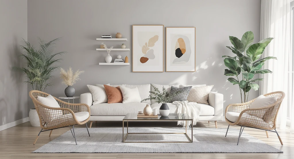 Modern living room uses the 70/30 rule to combine interior design styles, showing a primary modern style with boho accents, ideal for ai interior design style quiz and how to identify my decor style with ai.