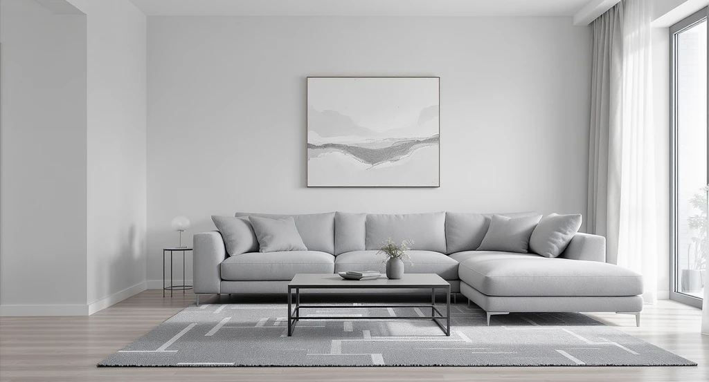 Photorealistic millennial gray living room showing cold minimalism, illustrating how to visualize millennial interior design and the challenge of overcoming sterile home decor.