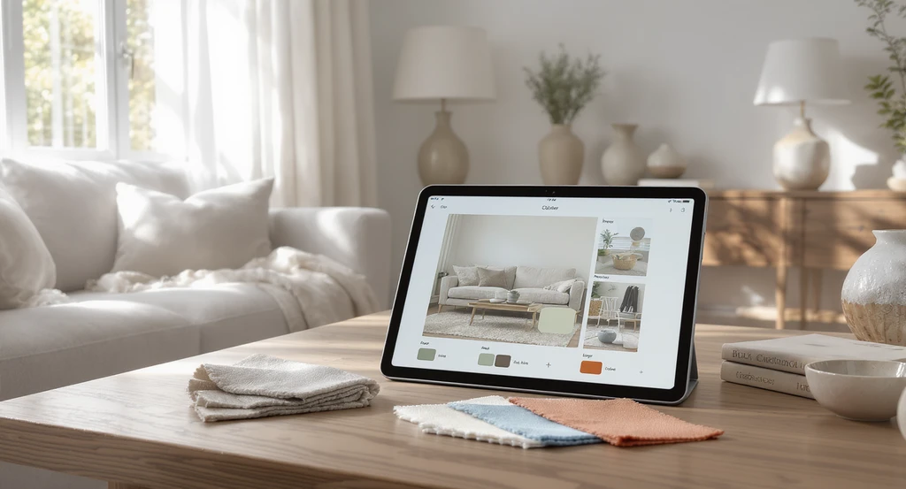 Sunlit living room shows tablet with room photo marked for color audit, fabric swatches in greige, sage, terracotta, plus natural textures and sculptural pendant—how to visualize millennial interior design and tools for visualizing warm minimalism style.