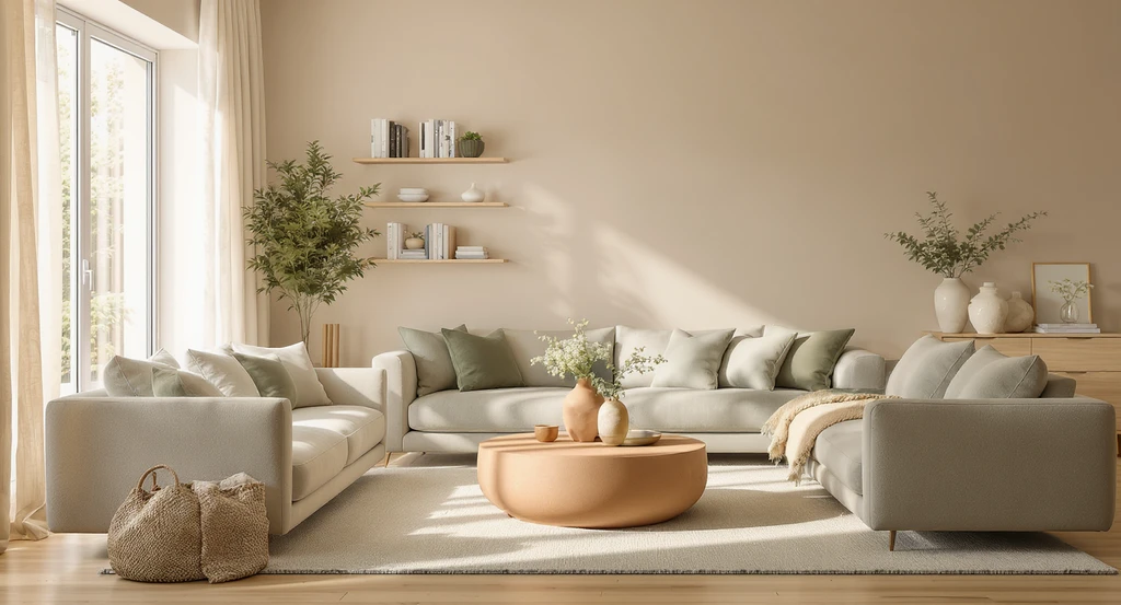 How to visualize millennial interior design: tools for visualizing warm minimalism style in a living room with warm neutrals, soft furniture, and curated decor displaying books, ceramics, and art instead of clutter.