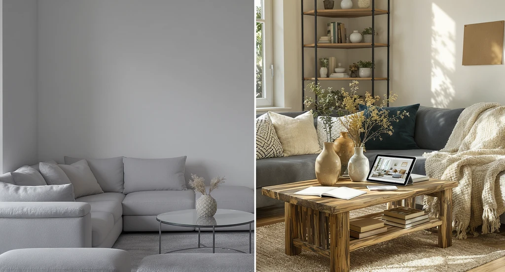 Editorial photo showing a millennial living room split between gray minimalism and warm, cozy décor, with tools for visualizing millennial interior design and bridging the visualization gap in home decor.