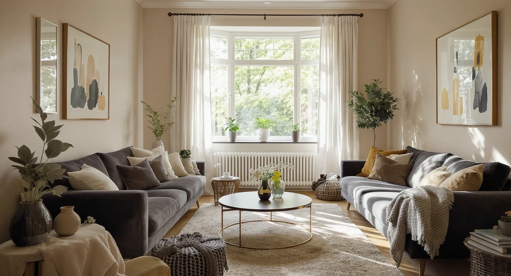 Ultra-realistic millennial living room with multifunction furniture, vertical shelving, thrifted décor, and warm minimalism details. How to visualize millennial interior design and tools for visualizing warm minimalism style, overcoming visualization gap in home decor.