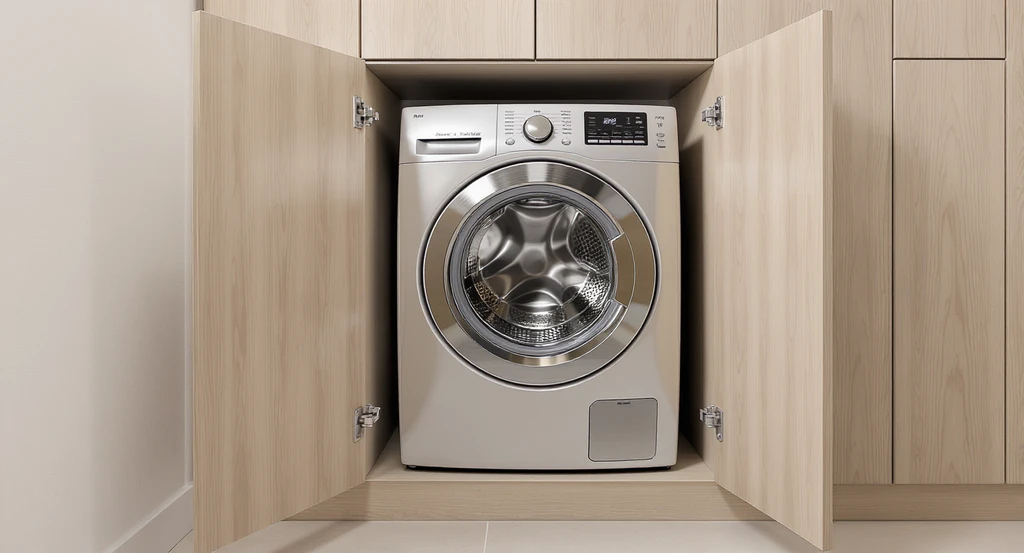 Modern front load washer in a small laundry closet, showing open and closed cabinetry. Demonstrates how to hide washer in small space, best renovation ideas, avoiding design regret with compact washer installation, and choosing between open and concealed laundry nooks.
