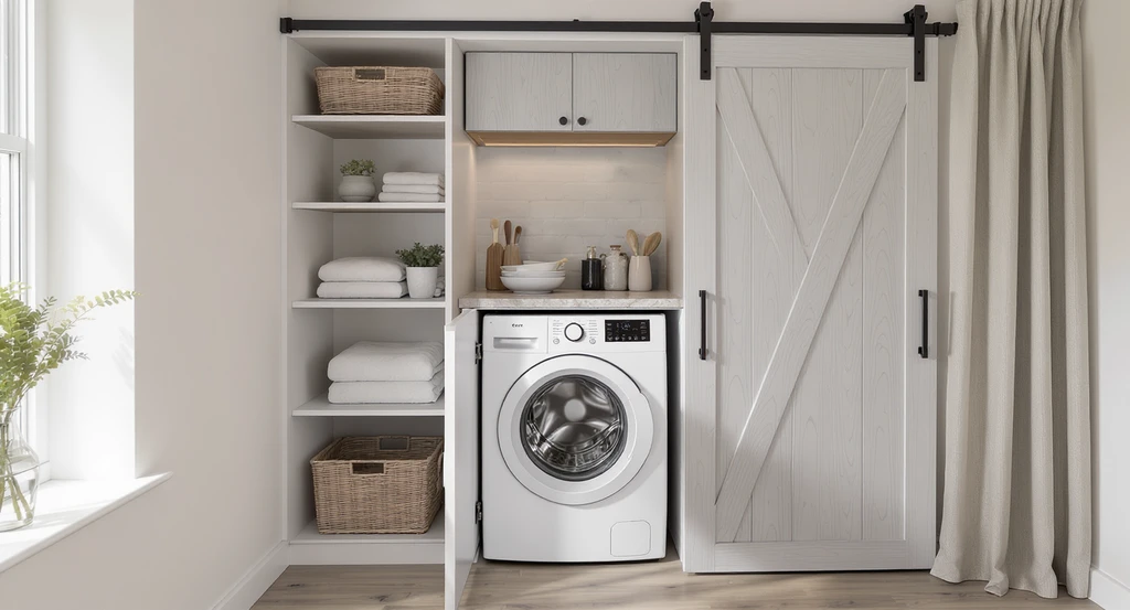 A small laundry nook uses custom cabinetry, a deep countertop, sliding barn door, and a curtain to hide a front load washer, demonstrating how to hide front load washer in small space, best renovation ideas for laundry closet, avoiding design regret with compact washer installation, and choosing between open and concealed laundry nooks.