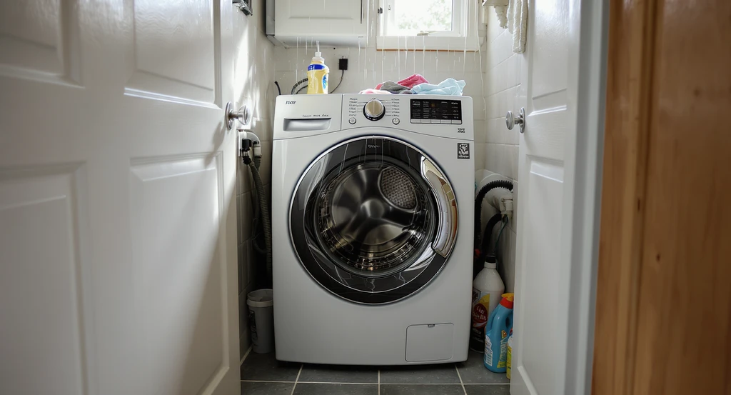 Small laundry closet showing how to hide front load washer in small space, best renovation ideas for laundry closet, and avoiding design regret with compact washer installation. The washer is squeezed in with insufficient clearance, blocked ventilation, and a sliding door that cannot open fully, demonstrating key mistakes.