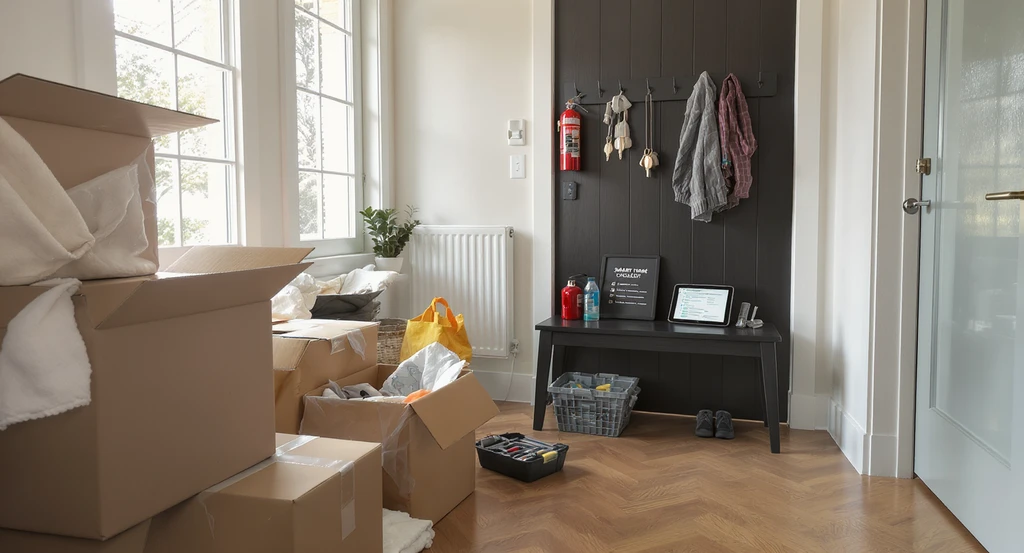 Modern home entryway with moving boxes, tool kit, smart home checklist tablet, keys, and fire extinguisher, illustrating an ai-powered home design checklist for new homeowners and how to use ai for home makeover planning.