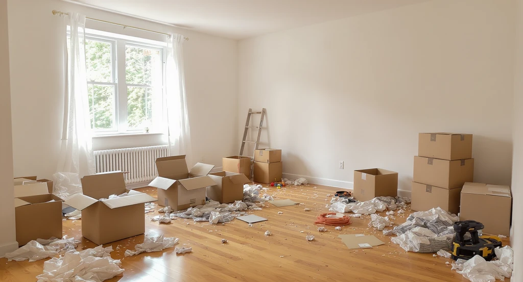 Unfurnished living room with moving boxes, smart locks, home safety tools, cleaning supplies, and a tablet showing an AI-powered home design checklist for new homeowners.