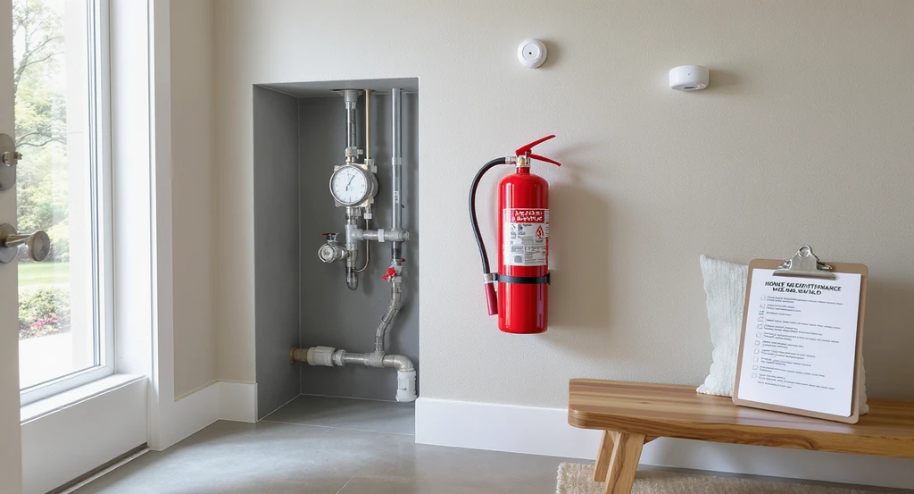 Modern entryway in a new home showing an accessible emergency shut-off valve, new smoke alarm, fire extinguisher, and an ai-powered home design checklist for new homeowners.