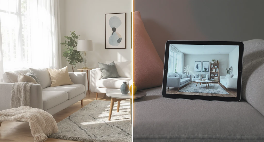 Photo-realistic living room showing a side-by-side setup: one half with real furniture, the other displaying a digital AI-powered home makeover preview on a tablet. Demonstrates how new homeowners use AI-powered home design checklists and virtual staging AI tools to plan room layouts, check lighting, and prevent costly mistakes with AI visualization before making any changes.