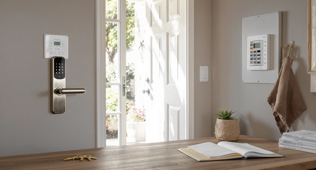 Highly realistic entryway showcasing an ai-powered home design checklist for new homeowners, including tested alarms, mapped circuit breakers, a home binder, maintenance fund jar, and a tablet using ai for home makeover planning and virtual staging to prevent costly mistakes.