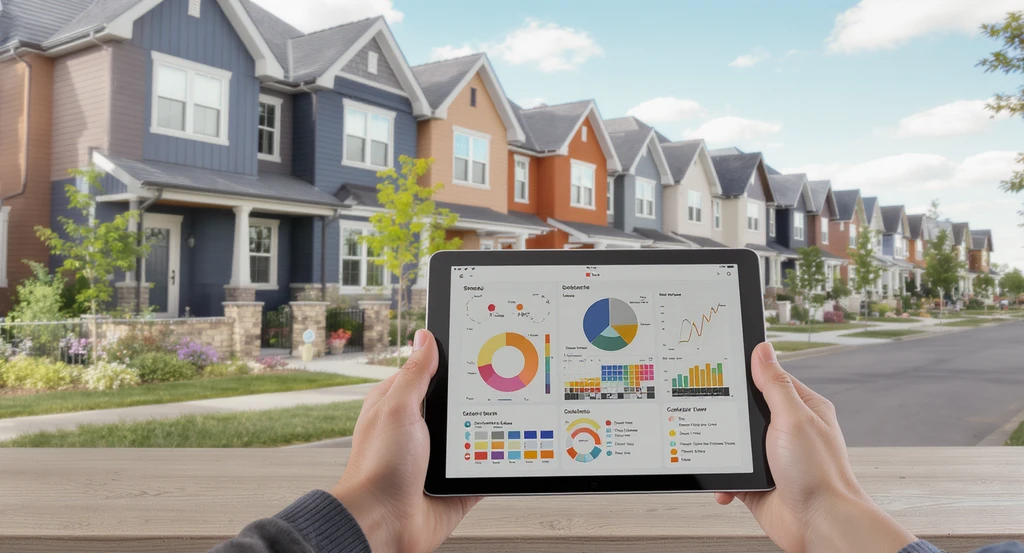 Modern homes feature diverse wall and roof color combinations, with a tablet displaying AI color visualization and region-specific scheme suggestions for exteriors.