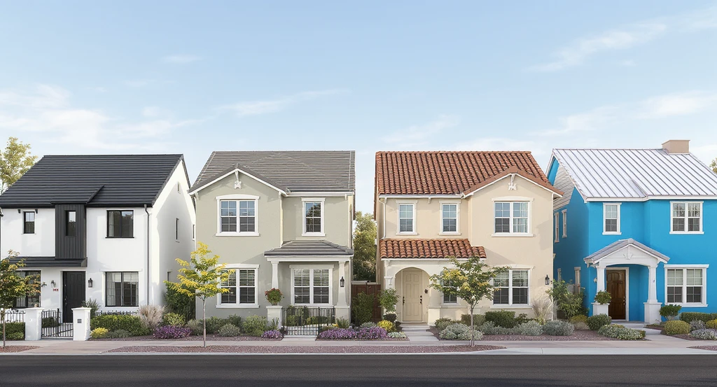 Four realistic houses side by side compare roof and wall color combinations, visually demonstrating AI for home color visualization and paint selection.