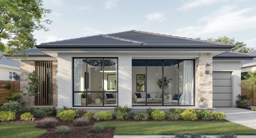 Highly realistic home exterior with dark matte roof, light-reflective walls, glossy trim, and visible bold-colored ceiling inside—ideal for AI-powered color visualization and visual comparison of roof and wall color schemes.