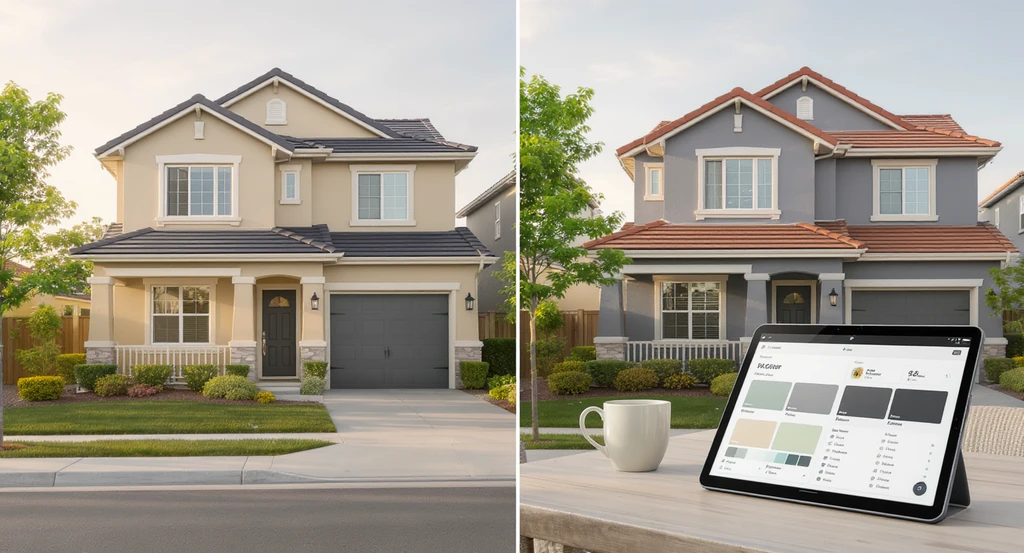 Photo-realistic home exterior showing a side-by-side AI visualization on a tablet, comparing different roof and wall color schemes using visual tables and exterior paint selection tools, ideal for how to use AI for home color visualization and region-specific color recommendations in 2026.
