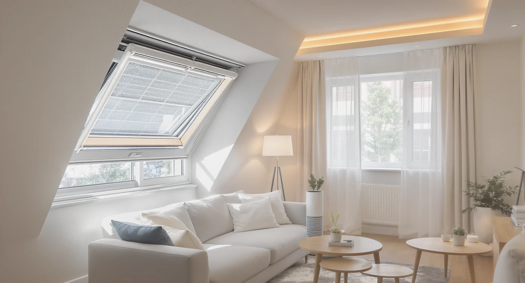 Bright interim apartment with clean HVAC vent, fresh window tracks, open windows, layered lighting, and noise control for safe temporary housing after fire.