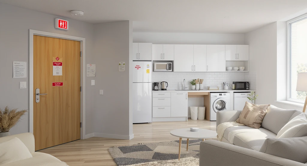 Photorealistic living area of safe, comfortable temporary housing after a fire, showing fire-rated door, emergency checklist, safety features, and practical layout. How to choose safe temporary housing after fire.