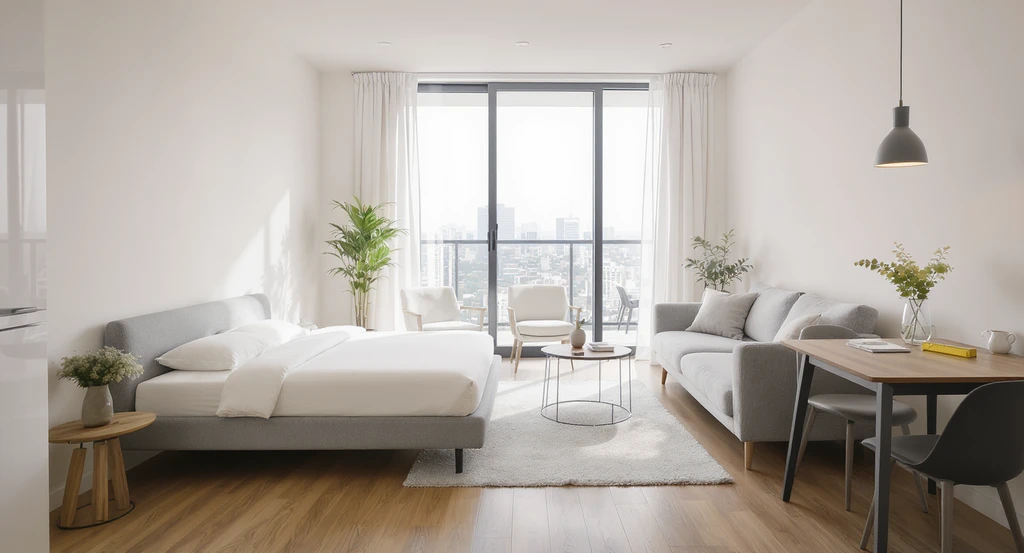 Compact modern interim apartment showing right-sized modular sofa, bed, and table with 32-inch clear walkways, unblocked windows, and measuring tape on a table—demonstrating how to choose safe temporary housing after fire, avoiding common mistakes in interim rentals, using a practical checklist for evaluating emergency apartments.