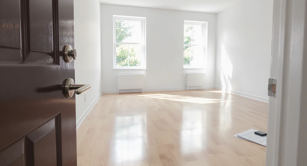 Clean, empty interim apartment showing strong door and window locks, dust-free floors, open windows for ventilation and inspection checklist—how to choose safe temporary housing after fire, practical checklist for evaluating emergency apartments, avoiding common mistakes in interim rentals, decision framework for post-fire relocation.