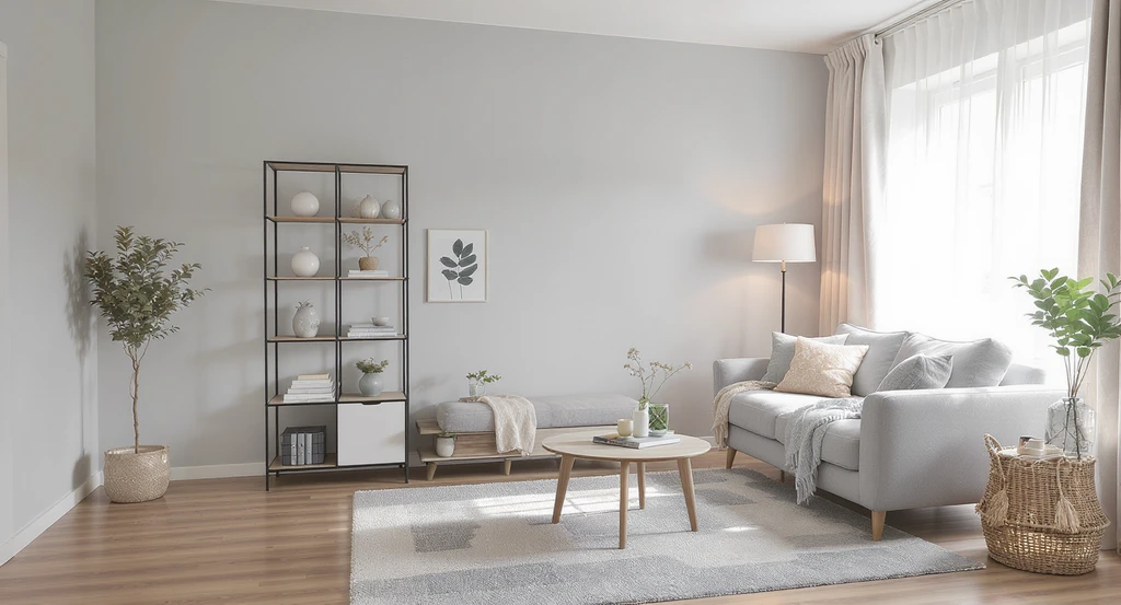 How to choose safe temporary housing after fire by showing a realistic interim apartment with renter-friendly, non-permanent upgrades including peel-and-stick wallpaper, modular shelving, a portable floor lamp, and layered rugs, addressing common mistakes in post-fire relocation.