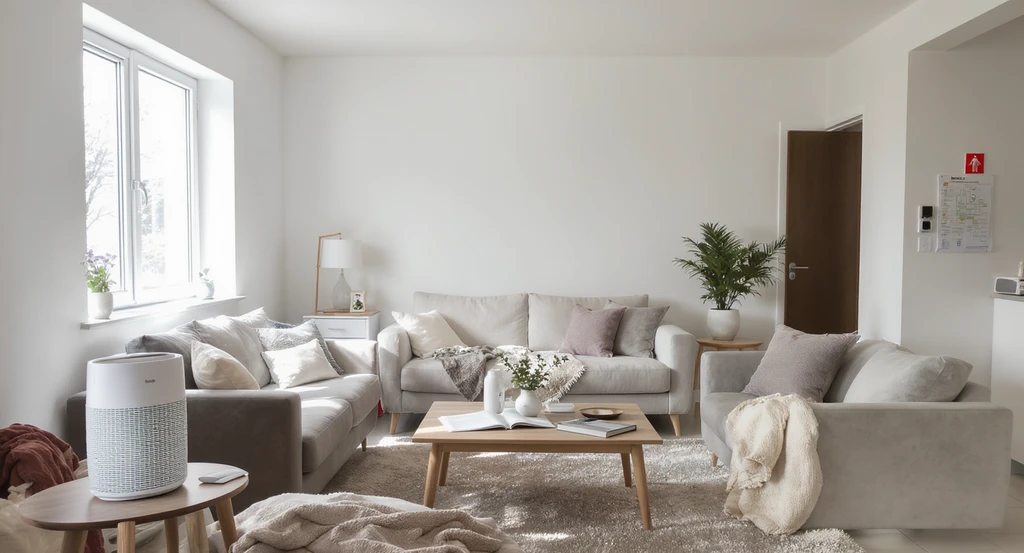 Editorial photo of a clean modern temporary apartment after fire damage, showing air purifier, visible smoke detectors, and insurance paperwork. How to choose safe temporary housing after fire, practical checklist for evaluating emergency apartments, avoiding common mistakes.