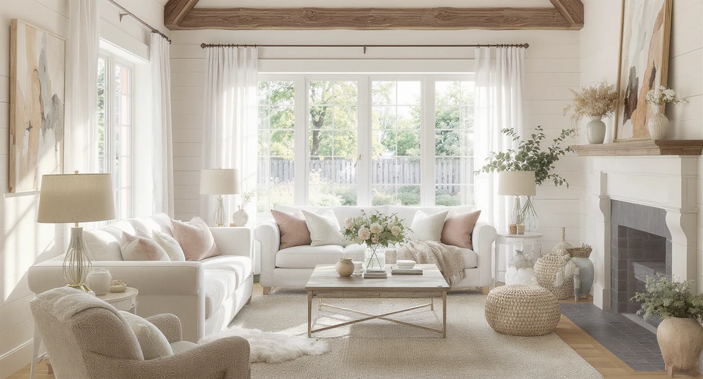 Photorealistic AI-generated farmhouse living room makeover using AI home design for feminine farmhouse, showing floral sofas and vintage woods. Virtual staging AI creates a cozy space with antique charm and modern clarity for women’s interiors.