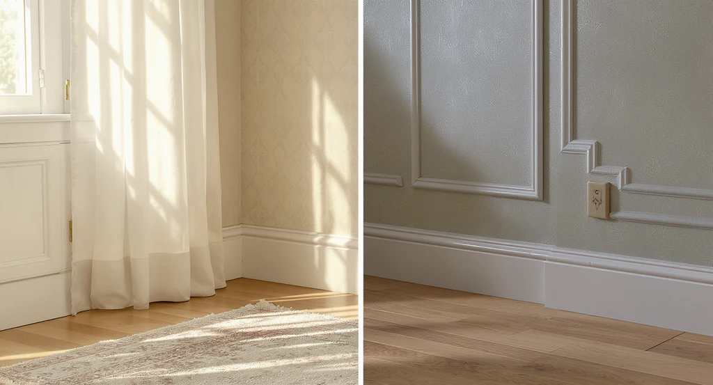 Photorealistic feminine farmhouse living room with one side unified by matte cabinetry, patterned wallpaper, vintage rug, and warm sunlight, the other with clashing glossy trim, uneven light, and mismatched materials—showing how ai home design for feminine farmhouse addresses cozy space creation with ai design tools and virtual staging ai for vintage farmhouse interiors.