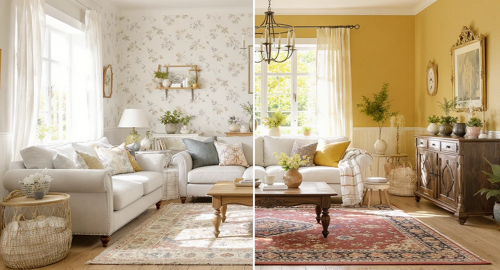 Feminine farmhouse living room split to show AI home design options, featuring vintage floral wallpaper, rug pattern choices, and AI virtual staging tools for creating a cozy space. AI visualization app on a tablet displays room makeover ideas for women, demonstrating the best AI visualization tools for home renovation.