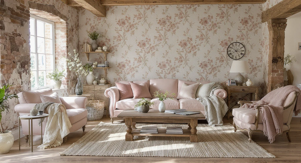 Ultra-realistic living room transformation using ai home design for feminine farmhouse, showing a cozy, vintage farmhouse interior with floral wallpaper, reclaimed wood, blush accents, and layered decor, demonstrating how to create a cozy space with ai design tools and virtual staging ai for vintage farmhouse interiors.