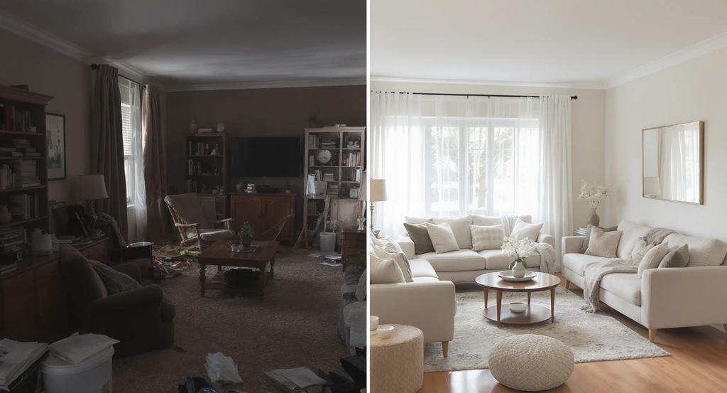 Step by step before and after visualization of a living room, clearly showing how to visualize home renovation changes and picture furniture placement digitally using best tools for aphantasia interior design and helpful apps for visualizing room makeovers.