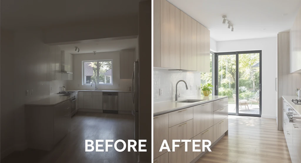 Step by step before and after visualization showing how to visualize home renovation changes: a kitchen and entryway transformed for aphantasia interior design using best tools and helpful apps for visualizing room makeovers. Both the old and renovated spaces illustrate furniture placement and improved daylight.