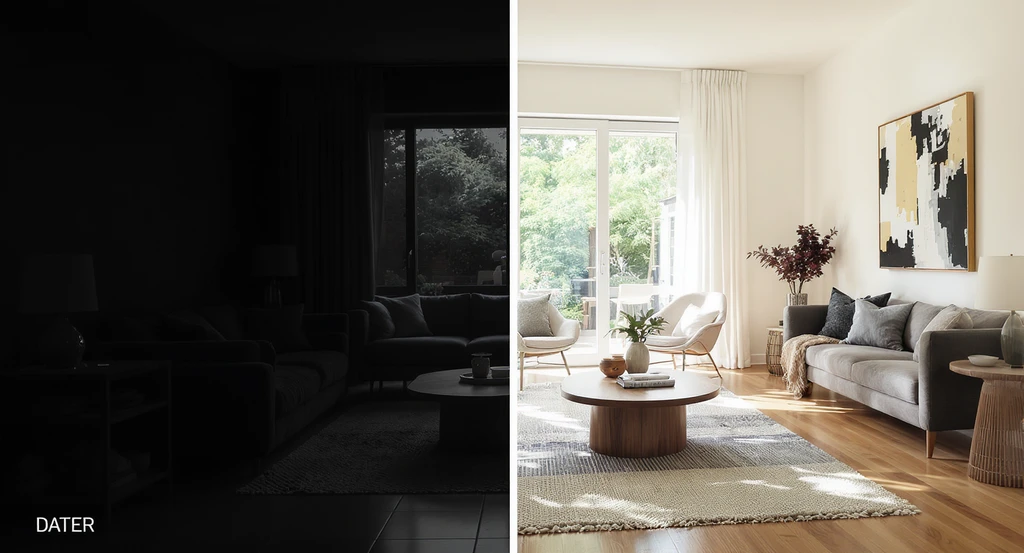 Photorealistic split-view of a living room renovation before and after, showing changes in light, flooring materials, and furniture arrangement for step by step before and after visualization, best tools for aphantasia interior design, and how to visualize home renovation changes.