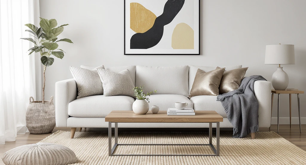 AI-powered home design transformation journey: a virtual staging of a neutral living room, showcasing three distinct textures, decor, and greenery.