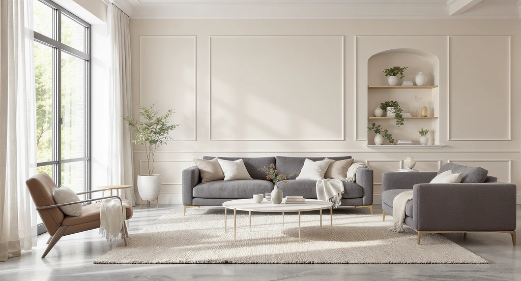 Editorial photo of a neutral-tone living room showcasing an ai-powered home design transformation journey using virtual staging with ai visualization tools to enhance interior decor, illustrating how the best ai platforms for room makeovers can replace traditional interior designers effectively.