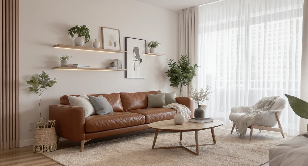 Photorealistic AI-powered living room transformation showing a cohesive, modern space, highlighting virtual staging with AI visualization tools and interior decor enhancements.