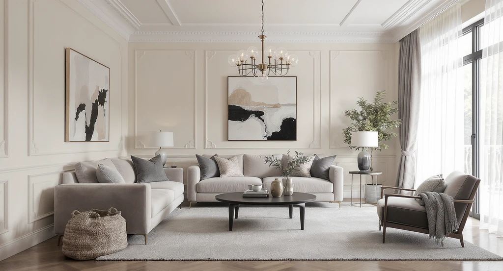 Photorealistic living room transformation using ai-powered virtual staging: tone-on-tone creams, taupes, wall panel molding, a balanced rug, and a modern chandelier. Highlighting how ai tools enhance interior decor and exploring if ai can replace interior designers effectively.