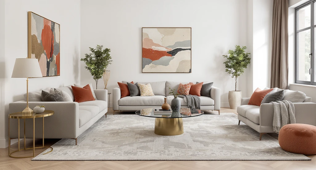 Photorealistic living room staged with ai-powered home design tools showing correct rug proportion, centered coffee table, cohesive throw pillows, and vertical plant placement for optimal ai home transformation and virtual staging.