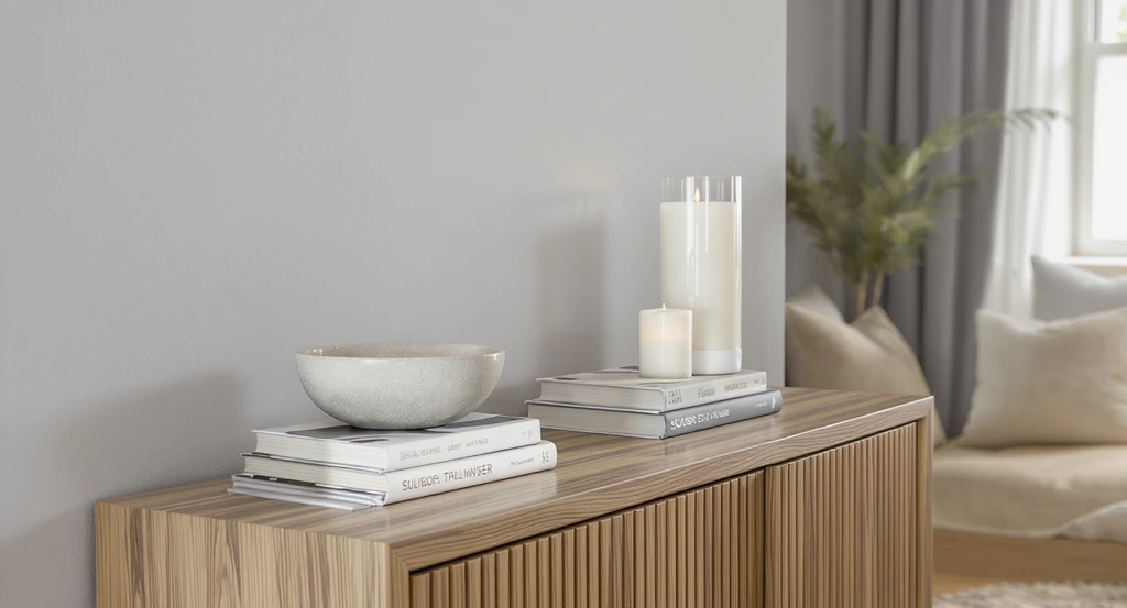 Expertly styled vignette on a console table grouping bowl, books, and candle in odd numbers—a practical interior design tip for visualizing home decor changes.