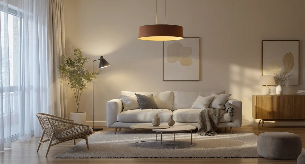 Layered lighting in a modern living room with ambient, task, and accent lights at varying heights, illustrating home decor improvement tips.