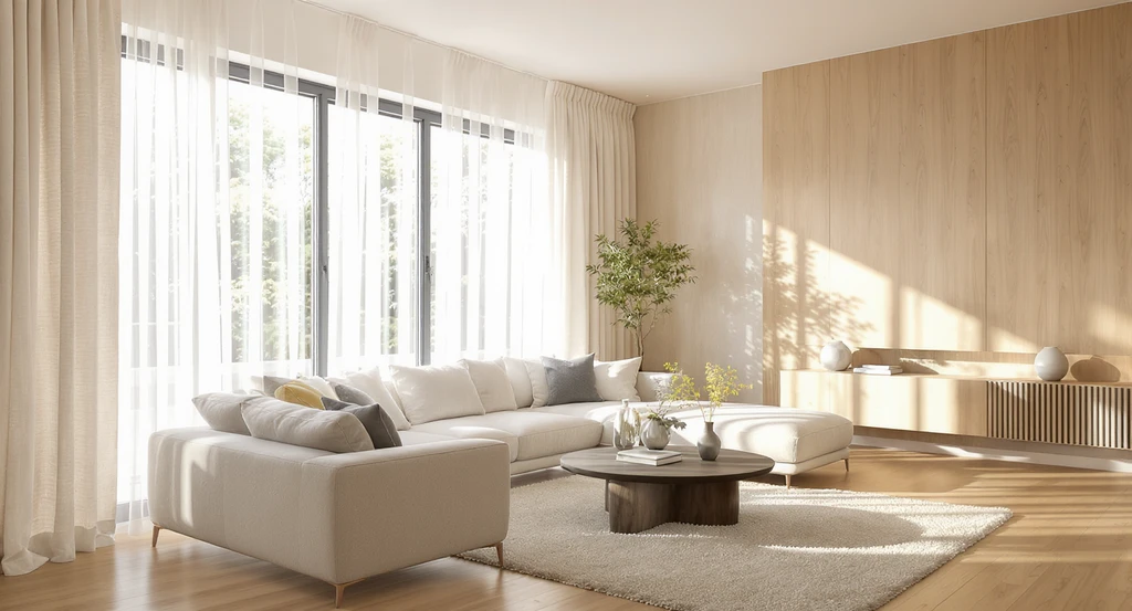 Editorial-quality living room layout showing sheer curtains hung high and wide, no furniture blocking windows, and abundant natural daylight. Helpful for how to visualize home decor changes, interior design tips for aphantasia, and furniture layout ideas if you can’t picture it.