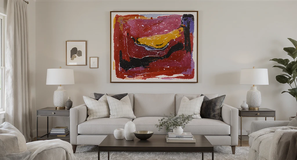 Photorealistic living room showing large, anchored art at correct height over a sofa and a precisely arranged gallery wall above a sideboard. How to visualize home decor changes, interior design tips for aphantasia, see renovation changes before committing.