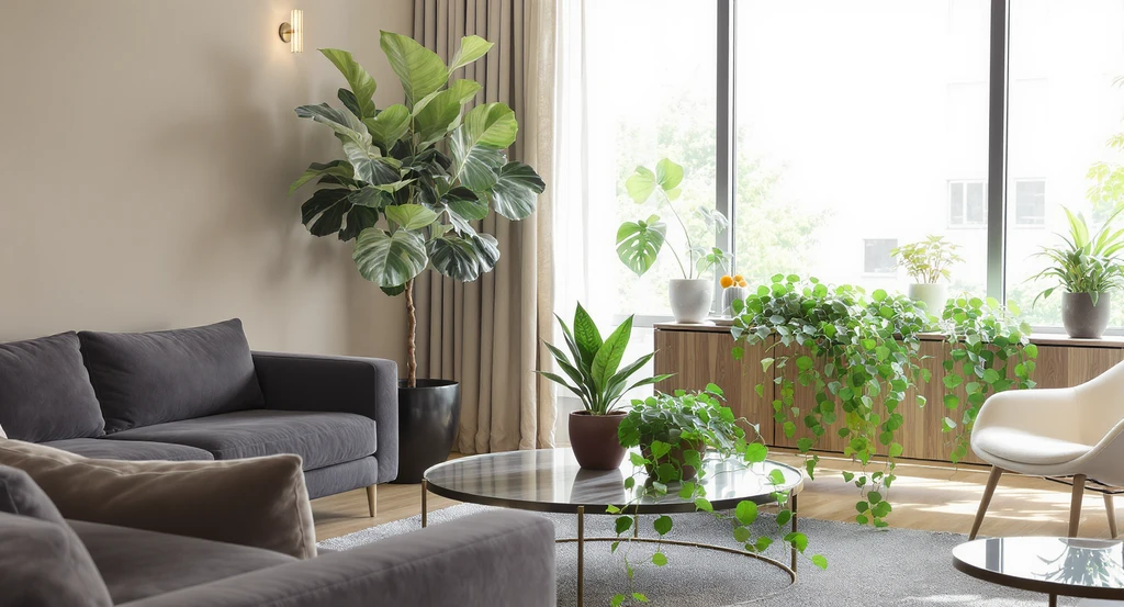 Living room with layered indoor plants at different heights—floor plant near a sofa and tabletop greenery—showing how to visualize home decor changes and interior design tips.