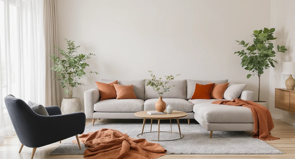 Living room using the 60–30–10 rule, with neutral walls and sofa, blue accent chair and rug, and limited burnt orange decor showing home color balance.