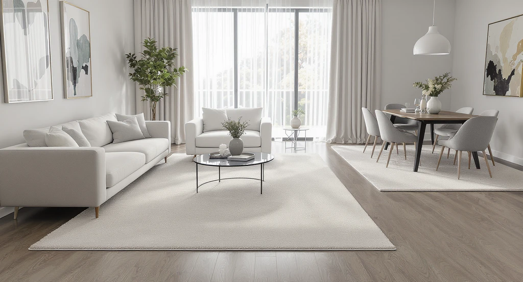 Photorealistic living and dining room showing common interior design mistakes with undersized rugs; furniture legs are partly off the rugs, illustrating how small rugs visually fragment the space—an essential home decor tip for visualizing layout corrections before making changes.